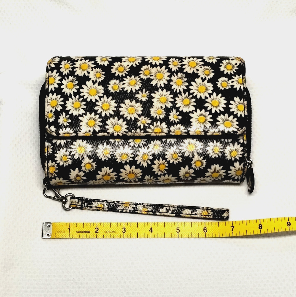 Safe Keeper Boho Daisy Floral Womens Wristlet Wallet Clutch Black Yellow Bag